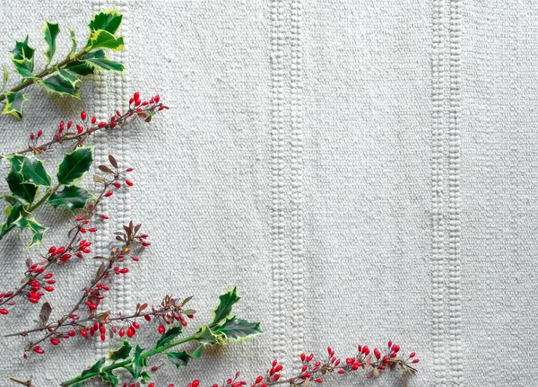 Natale tavolo festivo Capodanno bianco rosa rosso verde bacca corniolo ramo tela fondo copia spazio — Foto Stock