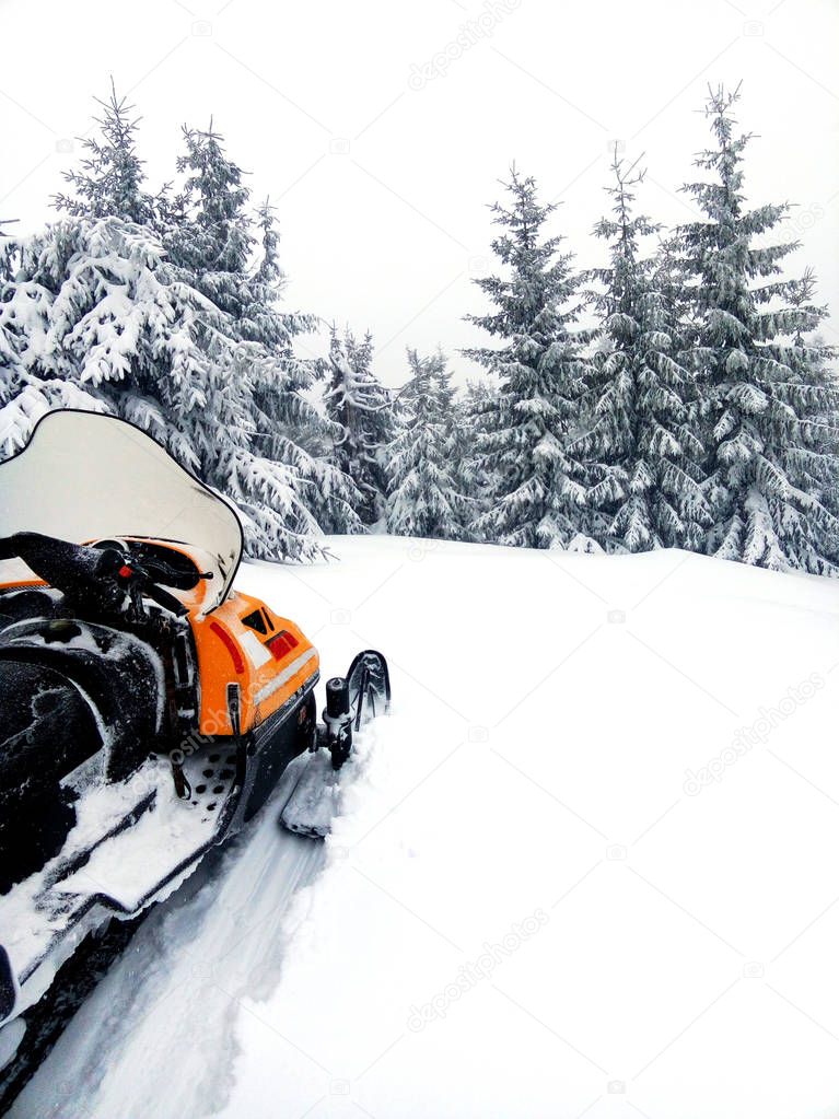 Scooter against the background of the snow covered spruces. Snowmobile in the winter mountain.