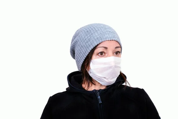 Portrait Middle Aged Woman White Medical Mask Sick Woman Average — Stock Photo, Image