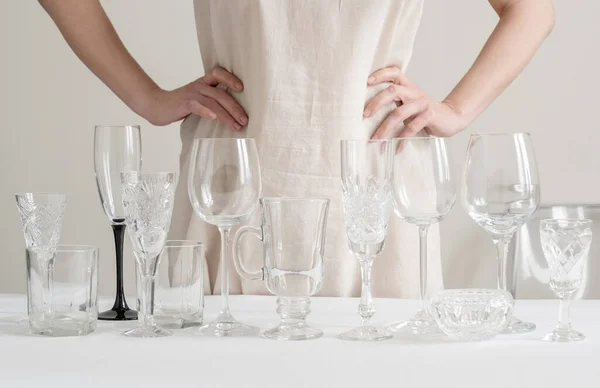 Woman Hands Different Wine Glasses Table White Background Lot Glasses — Stock Photo, Image