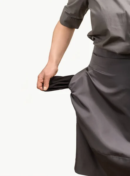 Mulher Está Segurando Bolsos Vazios Suas Roupas Isolado Fundo Branco — Fotografia de Stock