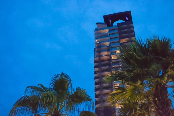Tall building in the evening among the palm trees