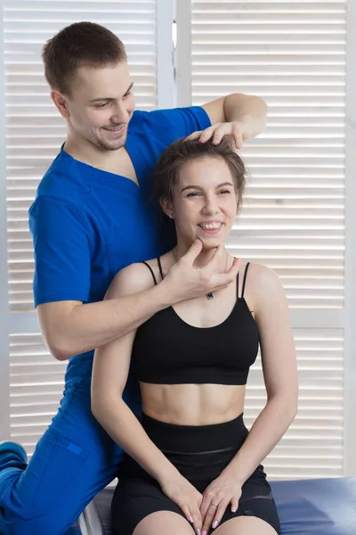 Doctor Makes Diagnosis Head Cervical Spine Young Girl Massage Manual — Stock Photo, Image