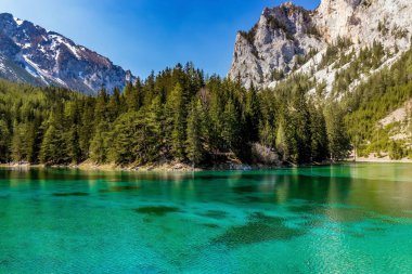 Gruner See, Styria, Avusturya. Alp Gölü 'nün arka planında dağlar olan inanılmaz renkler.