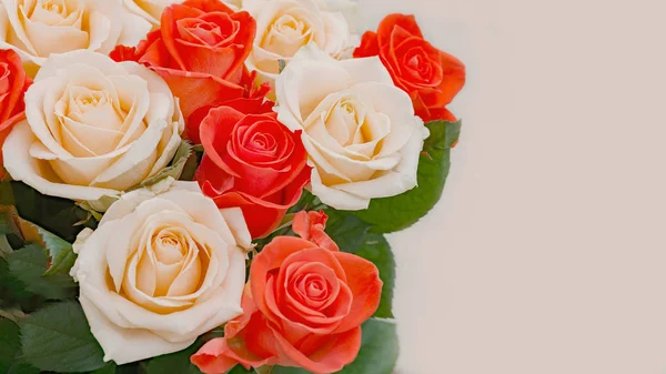 Ramo de rosas rojas y crema sobre un fondo claro con lugar para el texto . — Foto de Stock