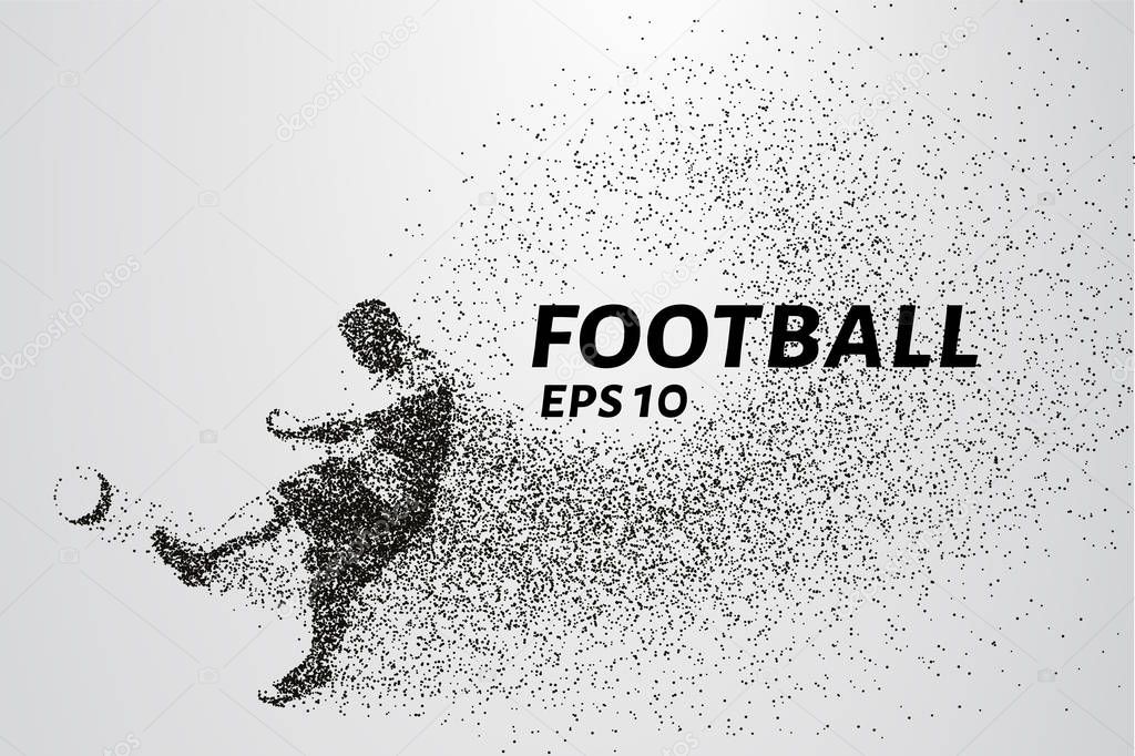 Football of the particles carries in the wind. Silhouette of a football player from circles.