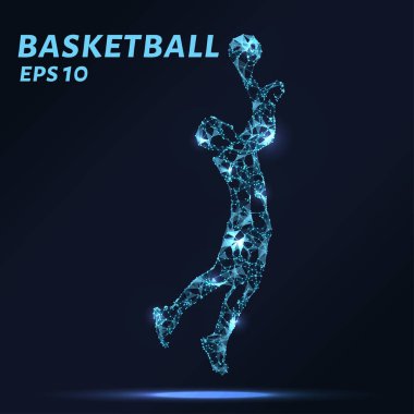 Basketbol oyuncusu noktalar, çizgiler ve üçgenler oluşur. Bir basketbol oyuncusu karanlık bir arka plan üzerinde bir silüeti şeklinde çokgen şeklin. Vektör çizim. Basketbol kavramı