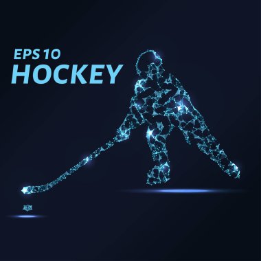 Hokey oyuncusu noktalar, çizgiler ve üçgenler oluşur. Karanlık bir arka plan üzerinde bir hokey oyuncusu silüeti şeklinde çokgen şeklin. Vektör çizim. Hokey kavramı