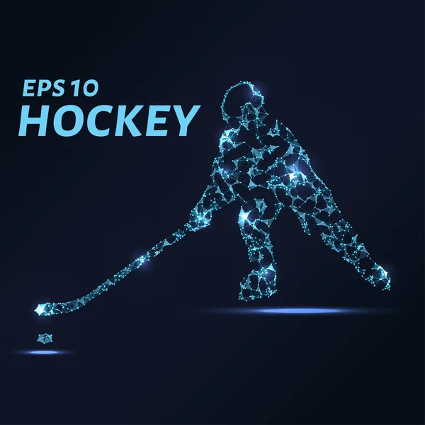 El jugador de hockey consiste en puntos, líneas y triángulos. La forma del polígono en forma de silueta de un jugador de hockey sobre un fondo oscuro. Ilustración vectorial. Concepto gráfico del hockey — Vector de stock