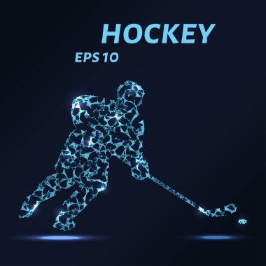 Hokey oyuncusu noktalar, çizgiler ve üçgenler oluşur. Karanlık bir arka plan üzerinde bir hokey oyuncusu silüeti şeklinde çokgen şeklin. Vektör çizim. Hokey kavramı