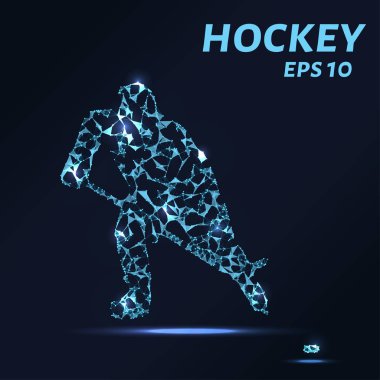 Hokey oyuncusu noktalar, çizgiler ve üçgenler oluşur. Karanlık bir arka plan üzerinde bir hokey oyuncusu silüeti şeklinde çokgen şeklin. Vektör çizim. Hokey kavramı.