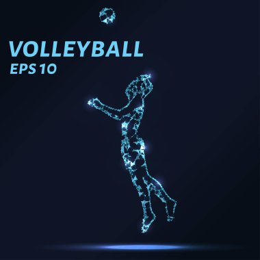 Voleybol oyuncusu noktalar, çizgiler ve üçgenlerden oluşur. Karanlık bir arka planda voleybol oyuncusu silueti şeklinde çokgen şekli. Vektör illüstrasyonu.