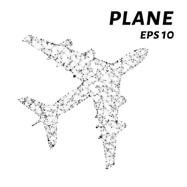 Düzlem noktalar, doğrular ve üçgenlerden oluşur. Beyaz zemin üzerinde bir uçağın silueti şeklinde çokgen şekli. Vektör illüstrasyonu