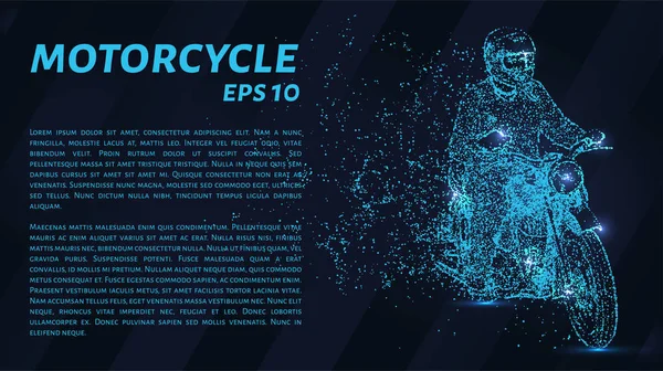 Noktalarından oluşan motosiklet. Parçacıklar koyu arka plan üzerinde bir binici şeklinde. Vektör çizim. Yarış kavramı