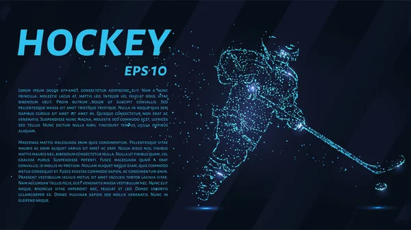 Un partido de hockey consiste en puntos. Partículas en forma de jugador de hockey sobre un fondo oscuro. Ilustración vectorial. Concepto gráfico del hockey — Vector de stock