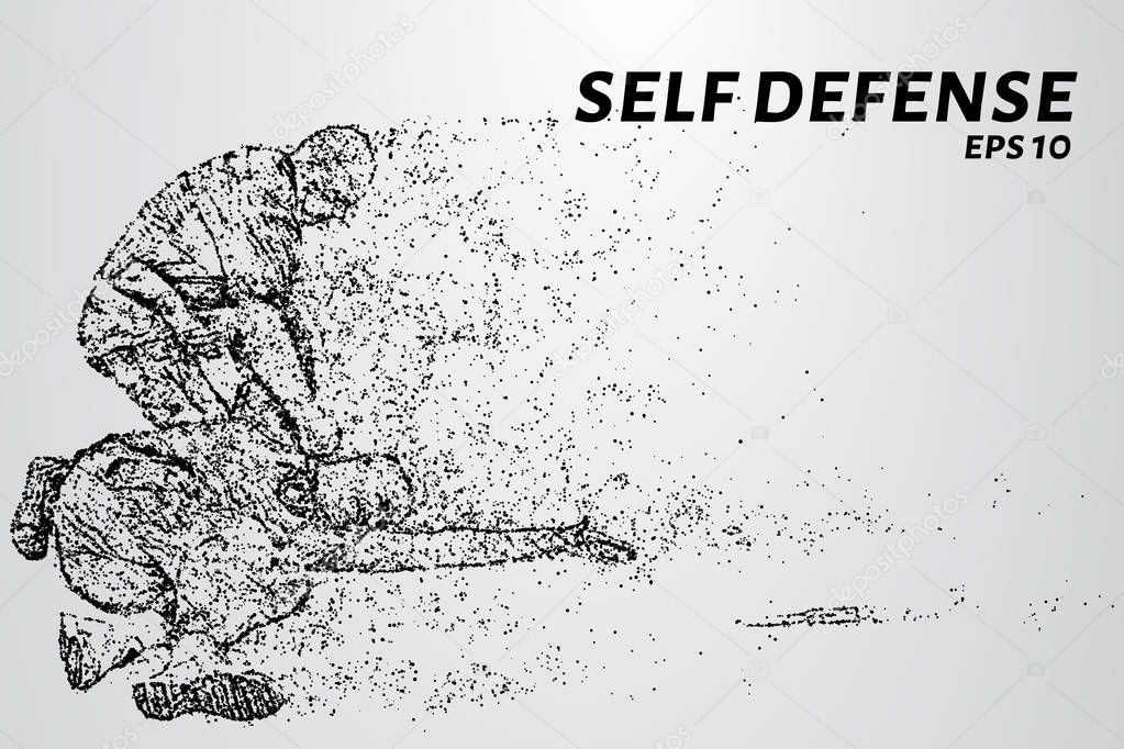 Self-defense of the particles. The man disarmed the attacker. Silhouette of dots and circles. Vector illustration