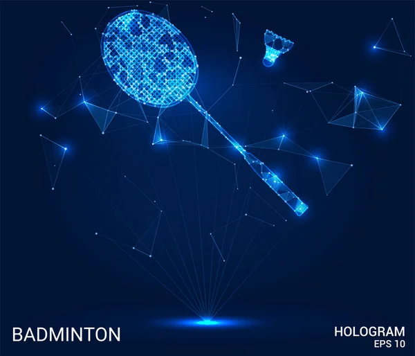 Badminton hologramı. Raket ve çokgenden yapılmış mekik horozu, üçgen ve çizgilerden oluşan üçgenler. Badminton düşük polenli bir bileşik yapıdır. Teknoloji konsepti
