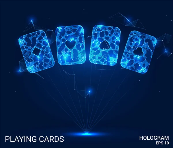 Hologram kart oynuyor. Poligonlar, üçgenler, noktalar ve çizgilerden yapılmış kartlar. Kumarhanenin düşük polimerli bağlantı yapısı. Teknoloji konsepti