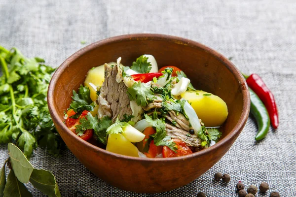 Hashlama en un plato de barro. Ingredientes: Costillas de res, patatas, hierbas, ajo. La placa está sobre un lienzo gris texturizado. Alrededor de la mentira pimienta vainas rojas y verdes, guisantes de pimienta, tomates, hoja de laurel, perejil —  Fotos de Stock