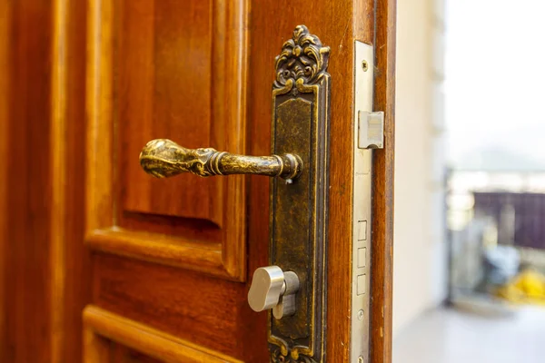 Дорогі дубові вхідні двері з старовинною срібною ручкою — стокове фото