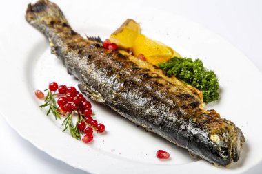 Grilled trout on a white plate, decorated with red currants, lemon and herbs. Close up. 