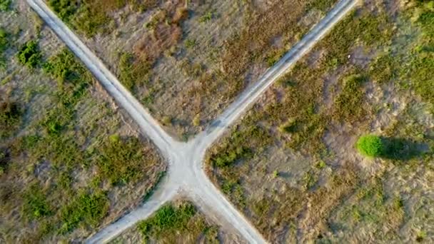 Літати над полем з травою і двома ґрунтовими дорогами, які перетинаються під прямим кутом — стокове відео
