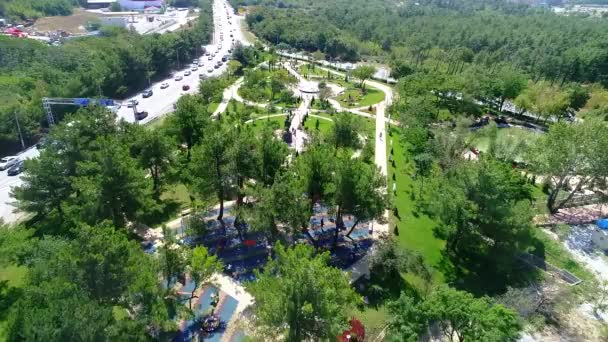 Voando sobre um parque verde com uma fonte, lagoa, parque infantil. Estaciona entre as estradas. Parque St. Andrews, Gelendzhik — Vídeo de Stock