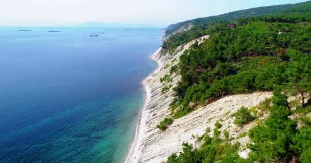 Полет над побережьем Черного моря из Геленджика в Новороссийск. Беспилотник пролетает над высокими наклонными скалами слоистых скал. Горы покрыты соснами. Маленький галечный пляж у подножия — стоковое видео