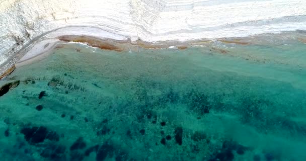 Vad strand egy magas fehér szikla alatt Gelendzhik területén. Sosnovka kemping. Tiszta víz, réteges sziklák, kavicsos strand, hínár — Stock videók