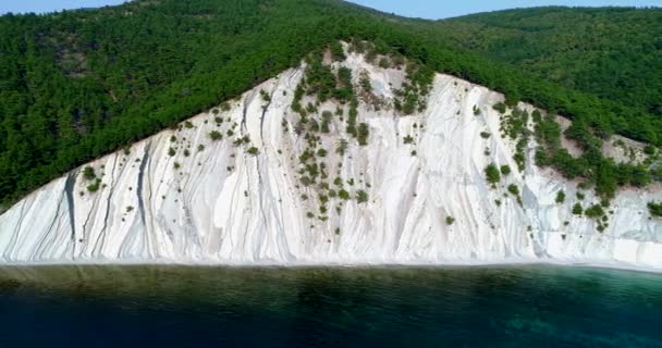 Flying along white cliffs with a small pebble beach in clear Sunny weather. Pine trees grow on the rocks. The rocks have a layered structure. The sea is clear and smooth — Stock Video