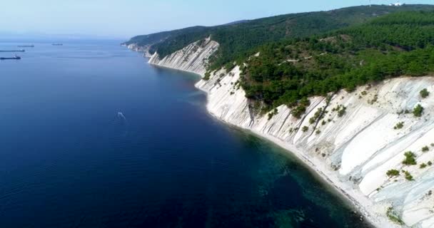 Vuelo sobre la costa del mar negro de Gelendzhik a Novorossiysk. El dron vuela sobre altas rocas inclinadas de roca en capas. Las montañas están cubiertas de pinos. Una pequeña playa de guijarros al pie de — Vídeo de stock