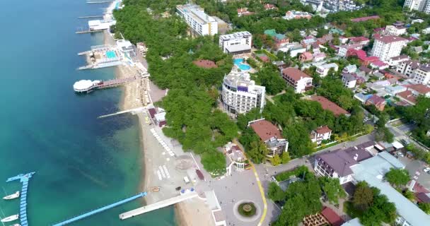 Utsikt över stranden. Strand med solstolar och parasoller, bryggor, turkost vatten. Folk simmar och solar. Rekreationsområde med pool. Gröna tallar längs stranden — Stockvideo