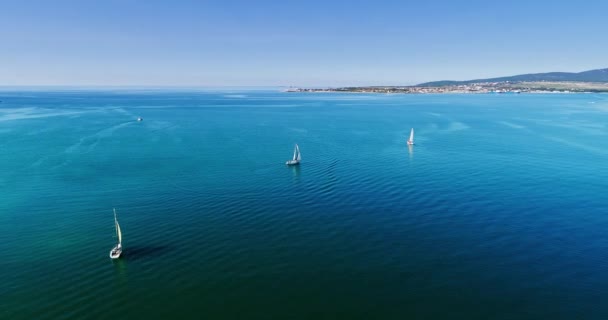 Несколько красивых белых яхт плывут вдоль Геленджикского залива на фоне гор, курорта Геленджик, домов и пляжей. Большой водоем с горой на заднем плане — стоковое видео