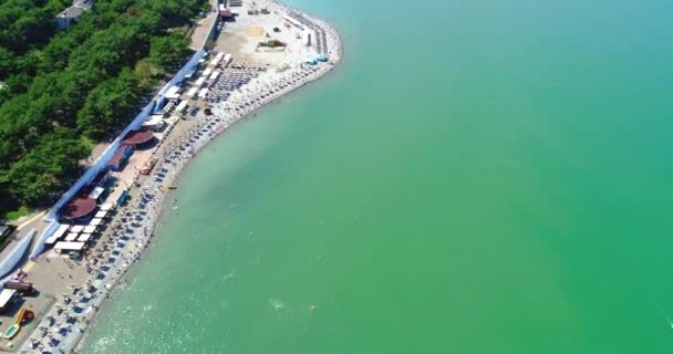 Het Resort van Gelendzhik. Vliegen over het strand vanuit vogelperspectief. Een kiezelstrand, rijen parasols en ligstoelen. Mensen zwemmen en zonnebaden. Dijk met balustrade. Een uitzicht van een grote — Stockvideo