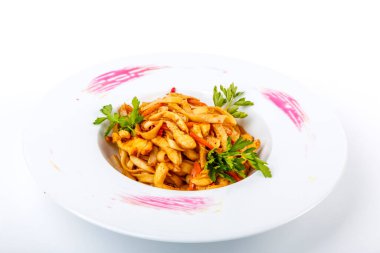 Udon Noodles, tavuk filetosu, kabak, kırmızı biber, havuç, susam. Beyaz arkaplan üzerine plaka.