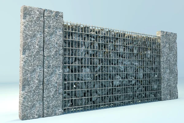 3D-rendering av grå gabione med grus stenar och stenplattor — Stockfoto