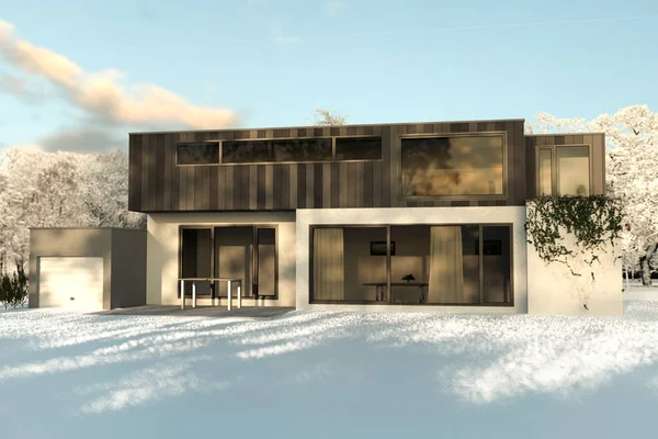 3d renderização de casa moderna com jardim coberto com neve em th — Fotografia de Stock