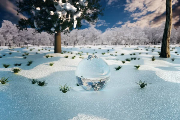 3d 渲染的水晶球在洁白的雪地，在早上孙氏 — 图库照片