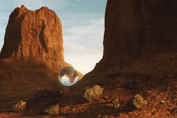 3d renderização de bola de cristal no deserto paisagem montanhosa — Fotografia de Stock