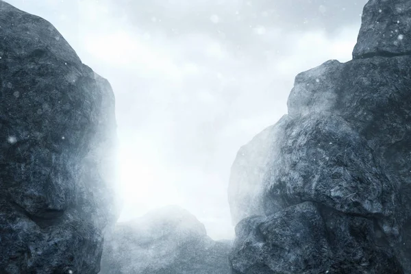 3d зображення скелястих гір у містичному тумані — стокове фото