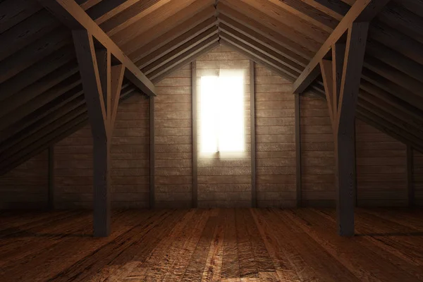 Boş bir ahşap tavan arası odasının 3D görüntüsü — Stok fotoğraf