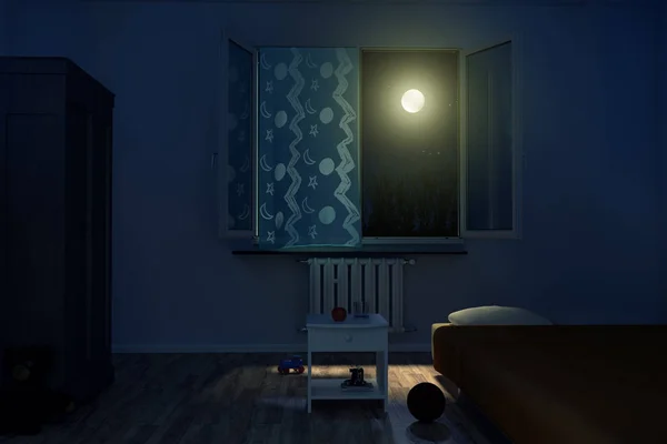 孩子们的房间在晚上与闪耀明亮 moo 的 3d 渲染 — 图库照片
