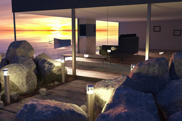 Modern oturma odası cam duvar ve ahşap bu 3D render — Stok fotoğraf