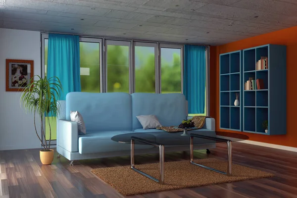 3d representación de la sala de estar moderna con paredes de color naranja y azul cu — Foto de Stock