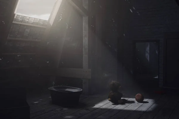Oyuncak ayı th yanındaki çatı katta oturan 3D render — Stok fotoğraf