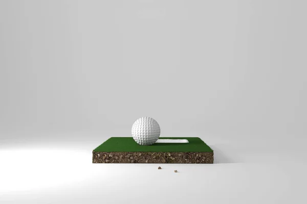 3D визуализация поперечного сечения поля для гольфа с мячом и холом — стоковое фото