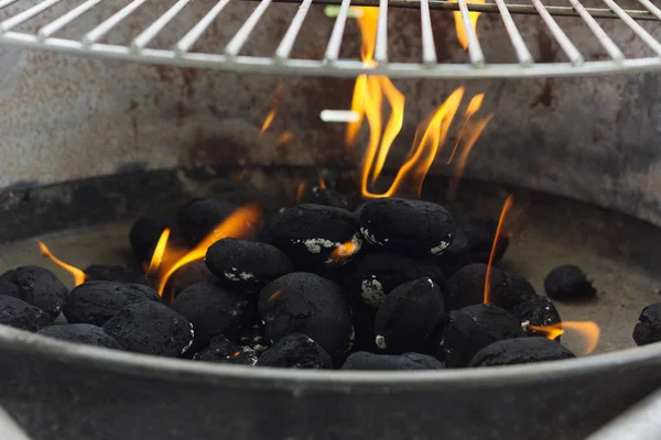 Briquetas de carbón negro en llamas —  Fotos de Stock