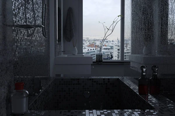 3D vykreslování luxusní koupelny s mozaikovými obklady. Pohled z bat — Stock fotografie