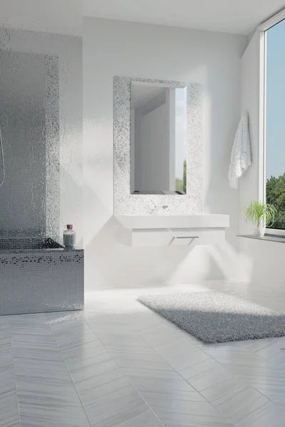 Rendering 3d di lusso bagno bianco con piastrelle a mosaico — Foto Stock