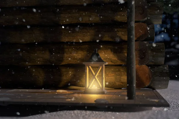 3d 原木小木屋木桥亮灯的绘制 — 图库照片